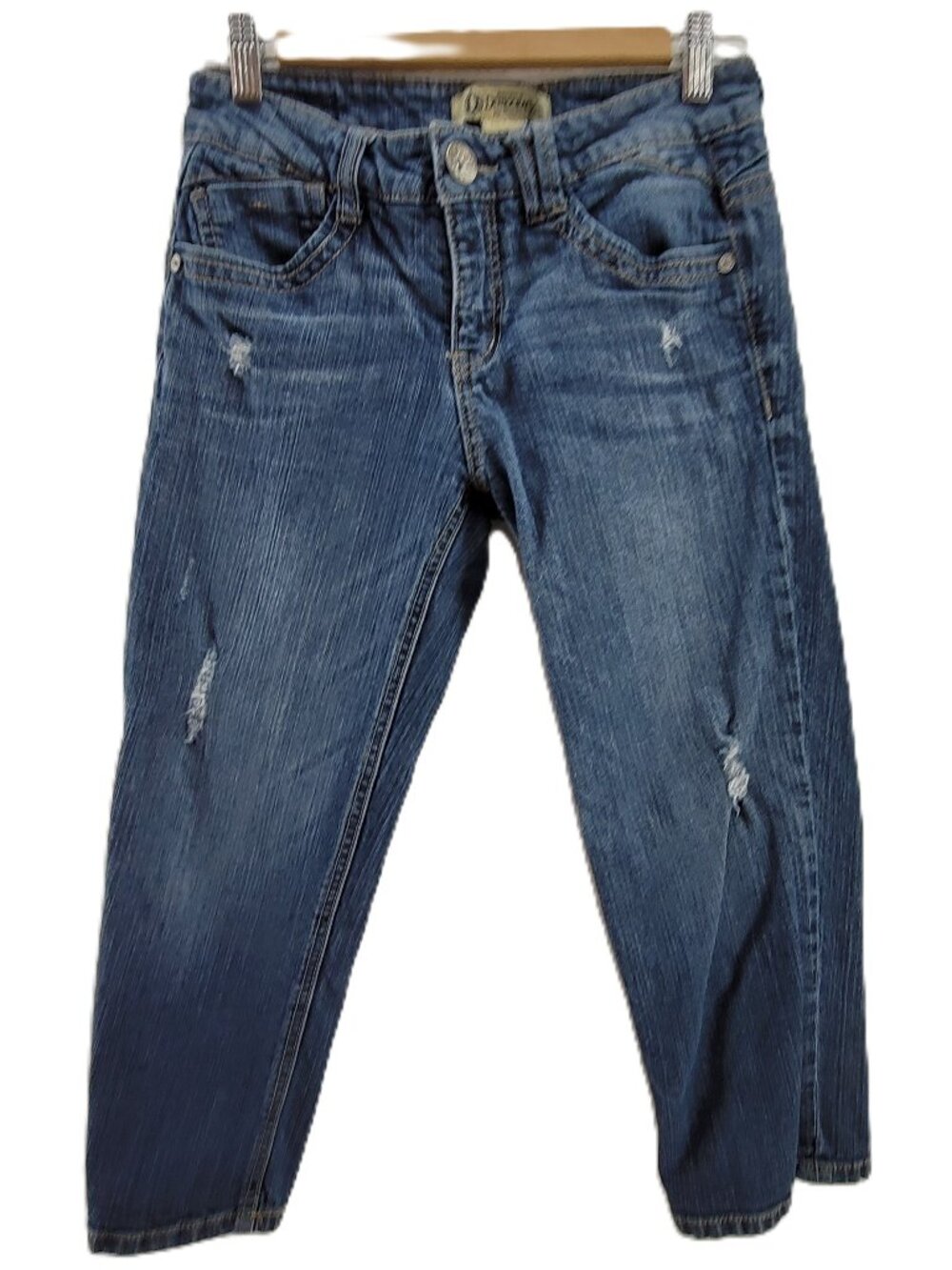 Democracy Jean Capris Women's 4 Blue Distressed Embellished Pockets Stretch